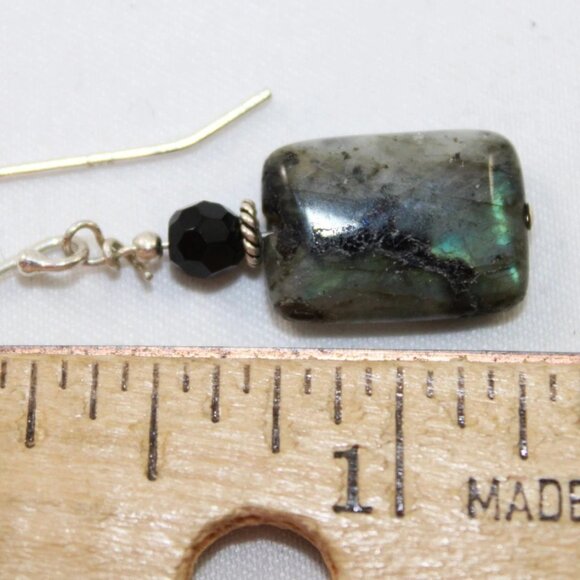 Sterling Silver Hook Drop Dangle Labradorite & Black Glass Bead Fashion Earrings - Picture 3 of 8